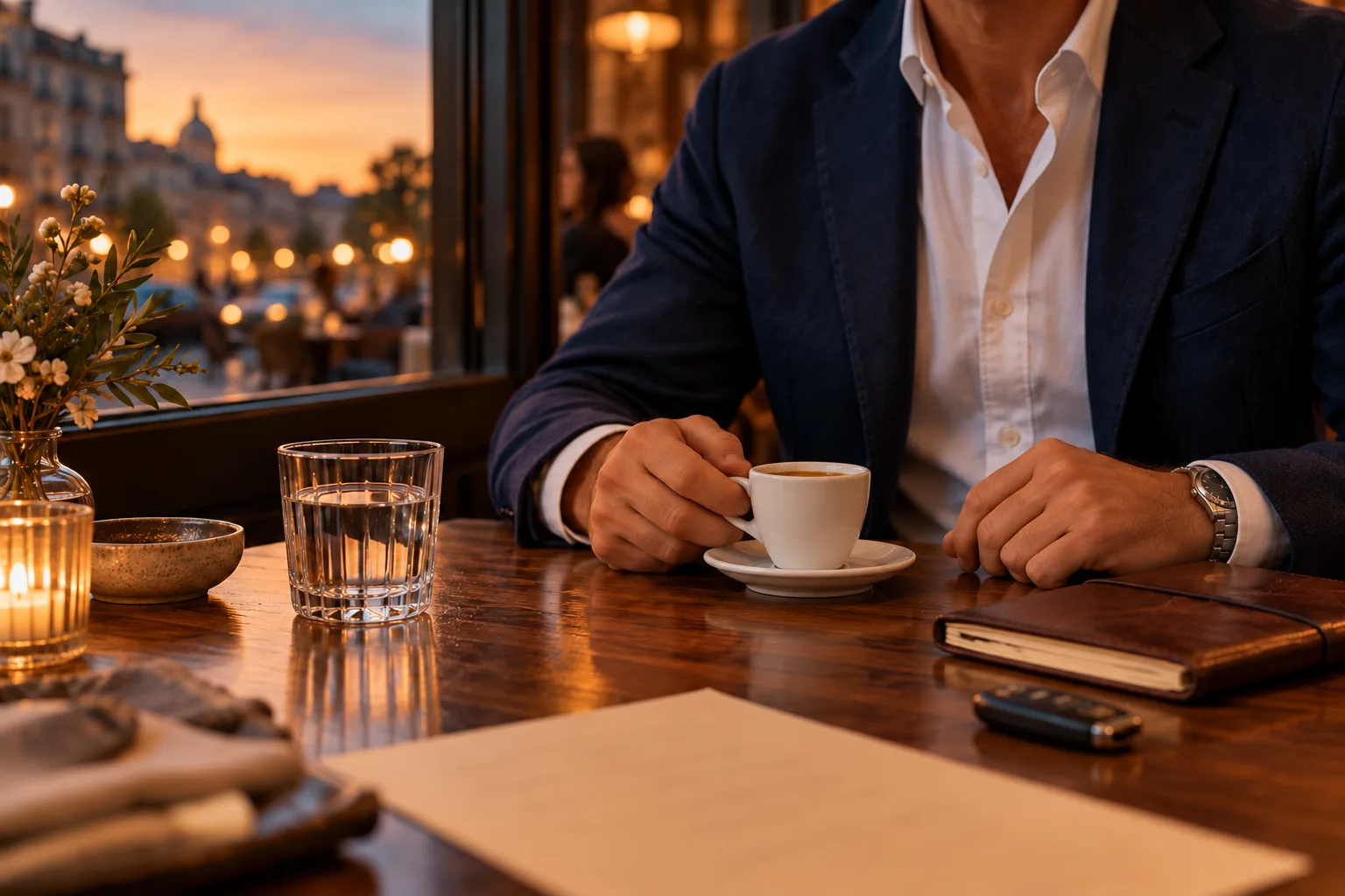 Man in a navy jacket at a café table at dusk, steel watch on his wrist, coffee cup in hand