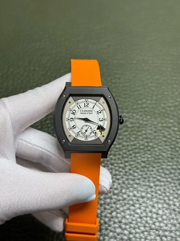 Élégante 48 mm replica, white dial, black case, orange rubber strap