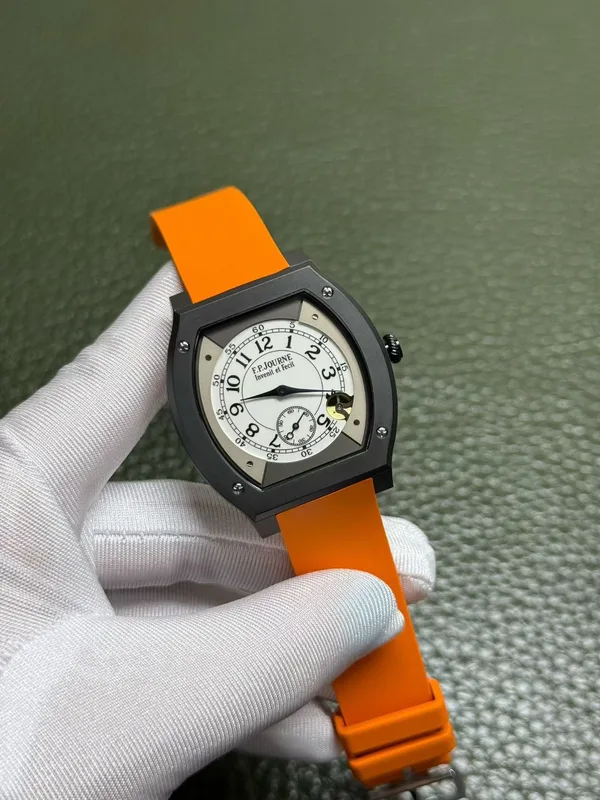 Élégante 48 mm replica, white dial, black case, orange rubber strap