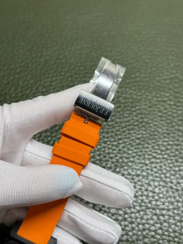 Élégante 48 mm replica, white dial, black case, orange rubber strap