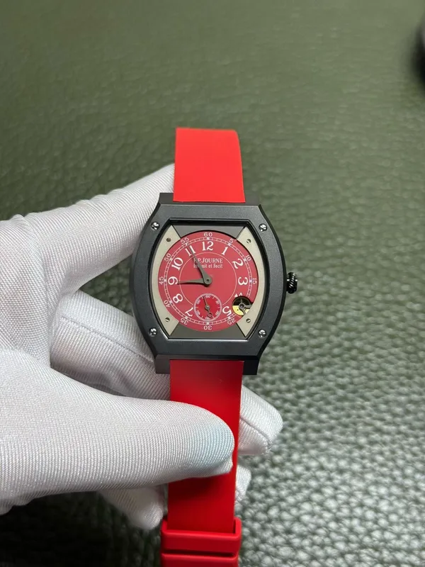 Élégante 48 mm replica, red dial, black case, red rubber strap