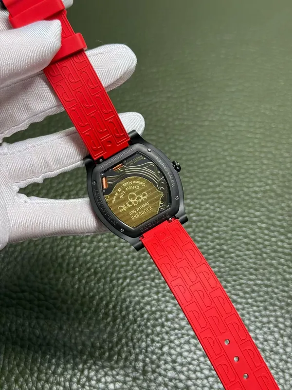 Élégante 48 mm replica, red dial, black case, red rubber strap