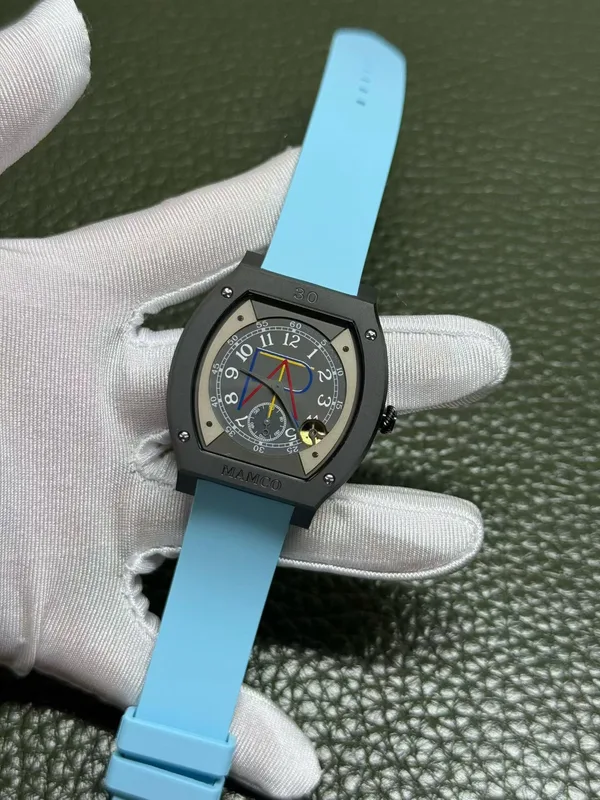 Élégante 48 mm replica, sky blue rubber strap, black case