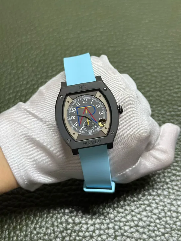 Élégante 48 mm replica, sky blue rubber strap, black case