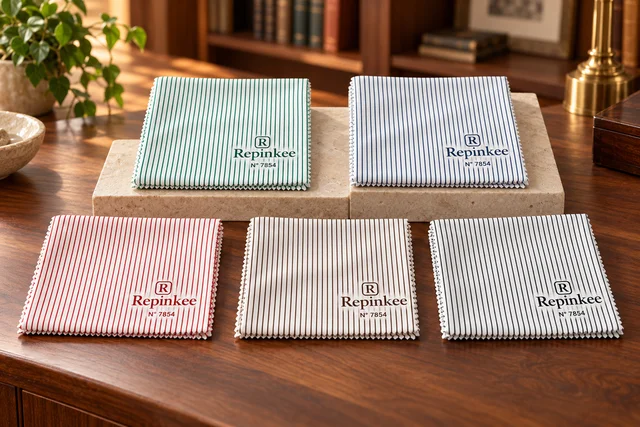 Five striped Repinkee cleaning cloths in green, blue, red, brown and black, folded on a wooden table