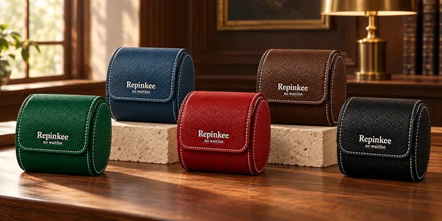 Five Repinkee single watch rolls in green, blue, red, brown and black on a wooden table