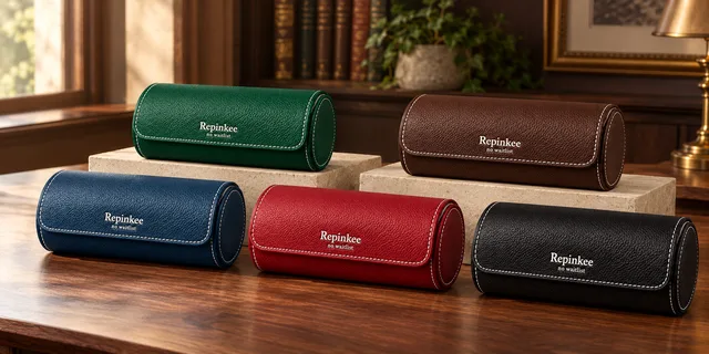 Five Repinkee three-watch rolls in green, brown, blue, red and black on a wooden table