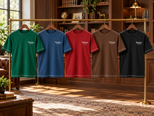 Five Repinkee T-shirts in green, blue, red, brown and black hanging on a rack