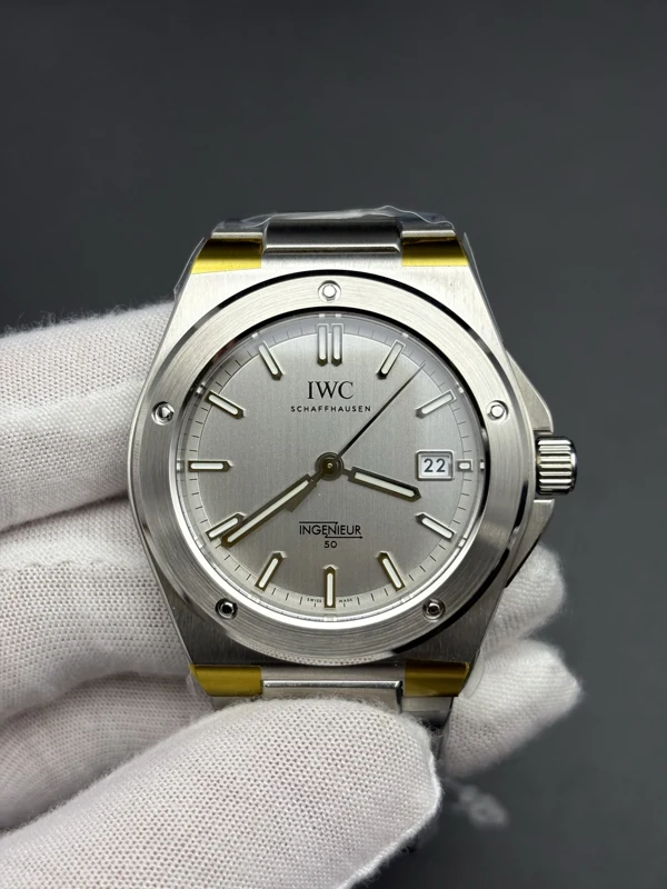Grey-dial Ingenieur anniversary edition on its bracelet