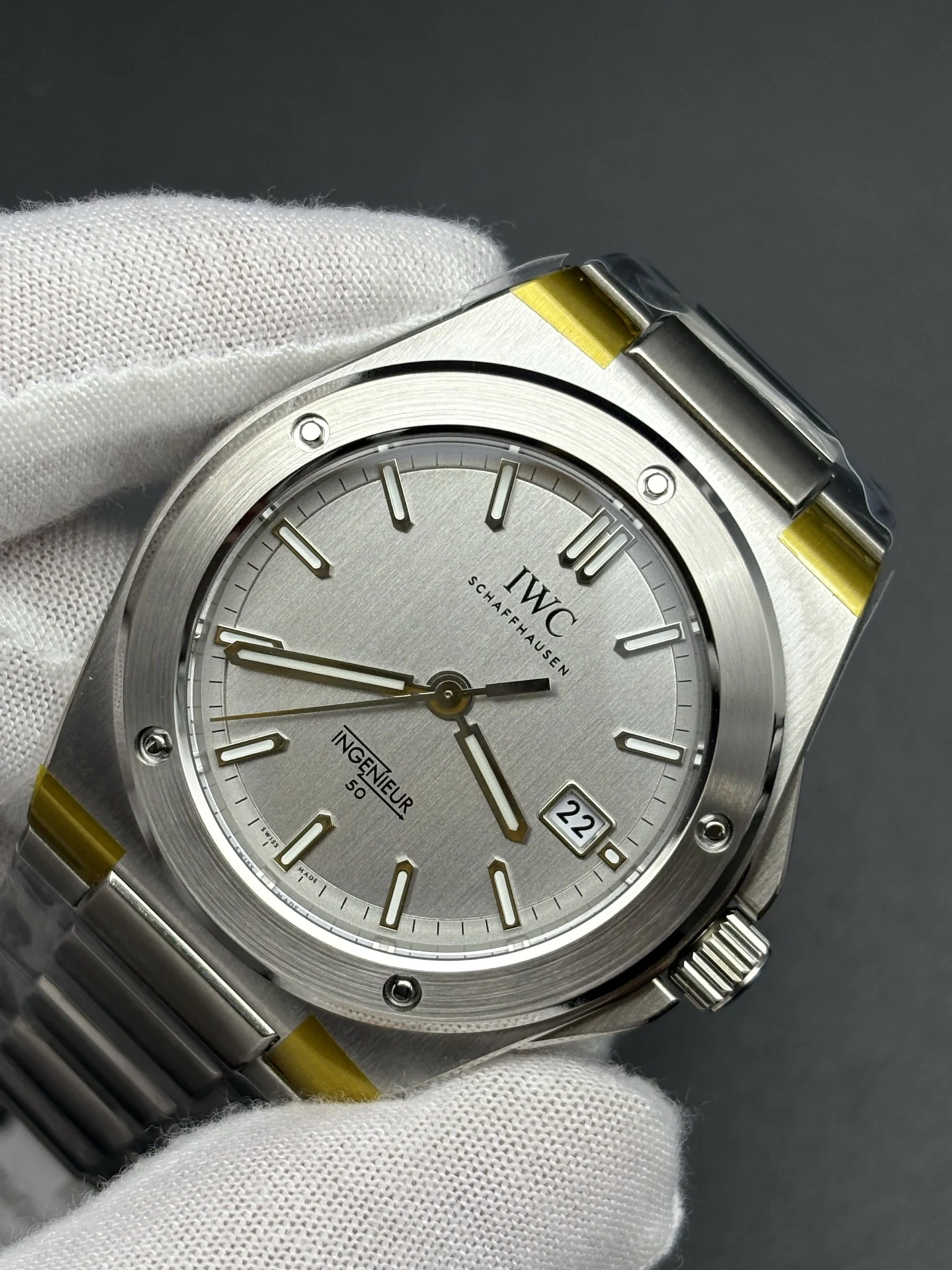 Grey-dial Ingenieur anniversary edition tilted to the right