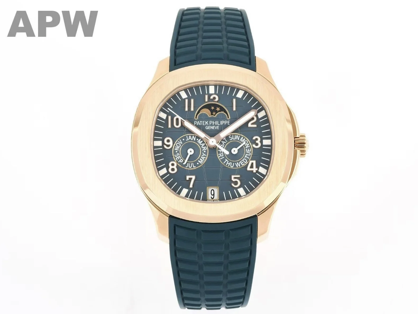 Blue-grey embossed dial and rose-gold-tone case on a blue strap, front view