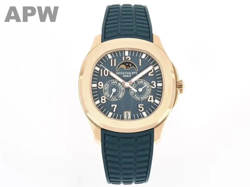 Blue-grey embossed dial and rose-gold-tone case on a blue strap, front view