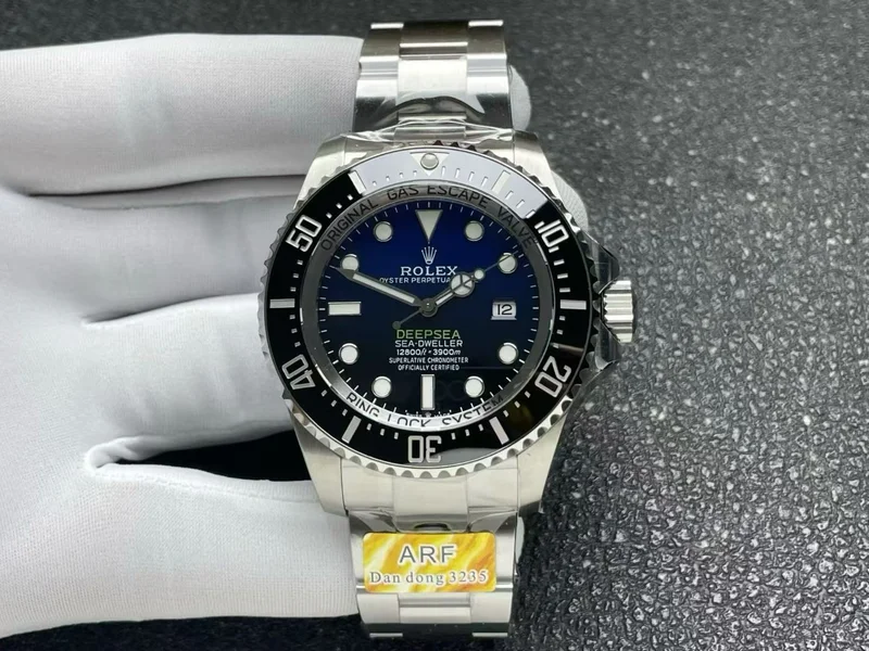 D-Blue gradient dial, front view, factory tag on the bracelet