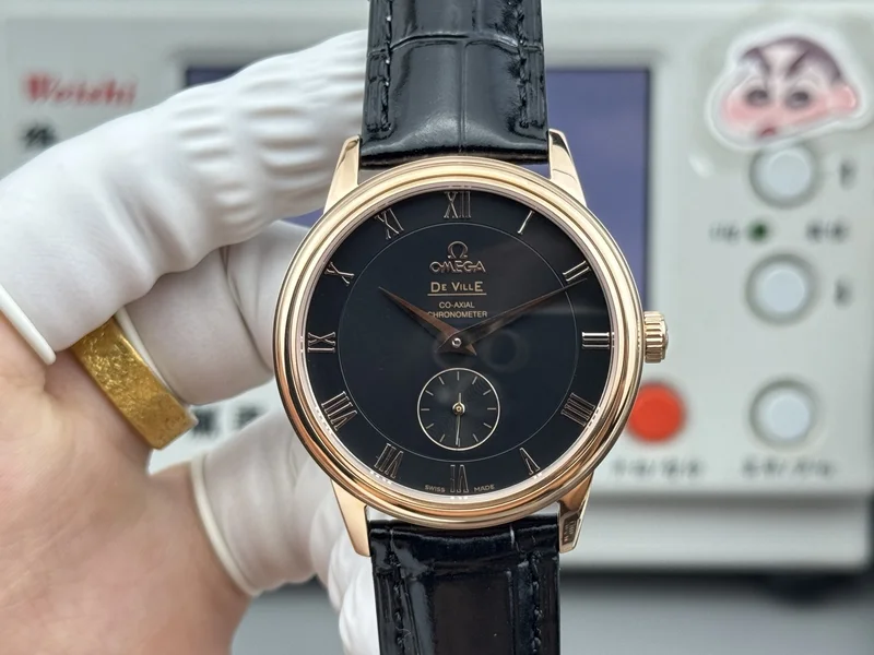 Black dial with gold-tone Roman numerals and small seconds, rose-gold-tone case, black alligator-pattern strap, front view