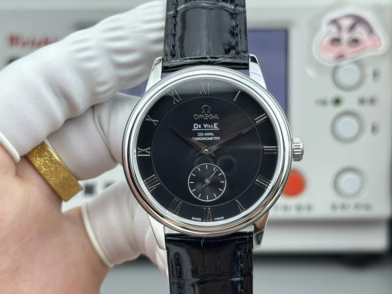 Black dial with Roman numerals and small seconds, steel case, black alligator-pattern strap, front view