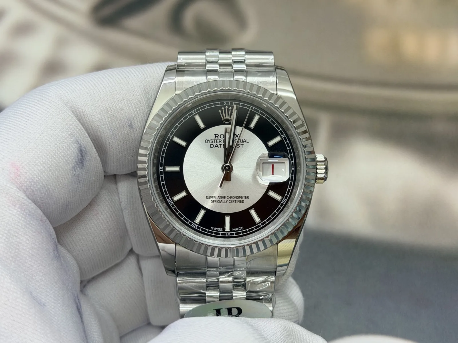 JR Datejust 36 116234, black and white tuxedo dial, fluted bezel, jubilee-style bracelet, front view