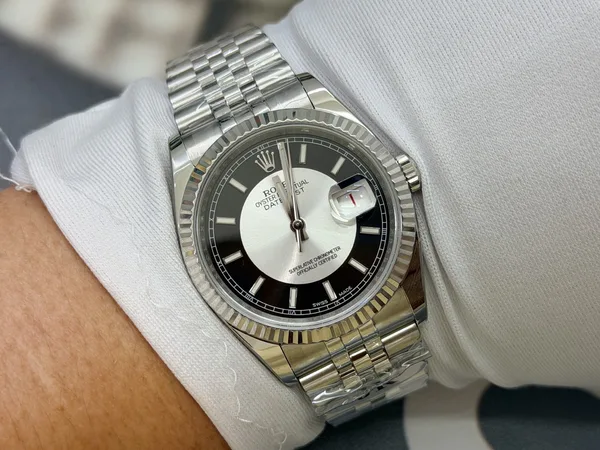 JR Datejust 36 116234, black and white tuxedo dial, fluted bezel, on the wrist