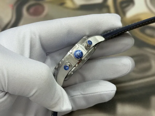 OCTA Pilot's Chronograph, blue dial, navy leather strap, crown side