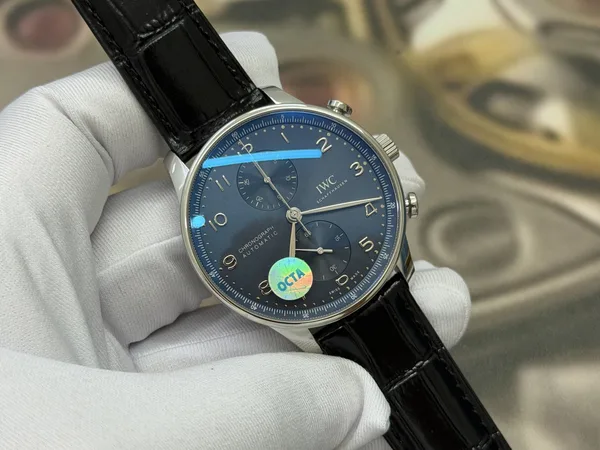 OCTA Portugieser Chronograph, blue dial, black leather strap, angled dial view