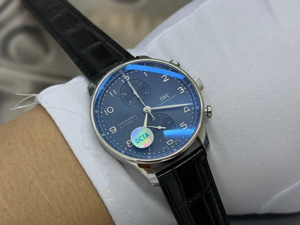 OCTA Portugieser Chronograph, blue dial, black leather strap, on the wrist