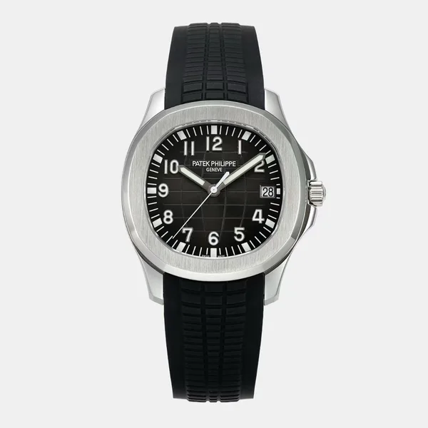 Grey embossed dial and steel case on a black textured strap, full front view