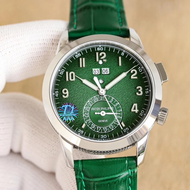 Green dial, front view, on a green alligator-pattern strap, with a hologram sticker on the crystal