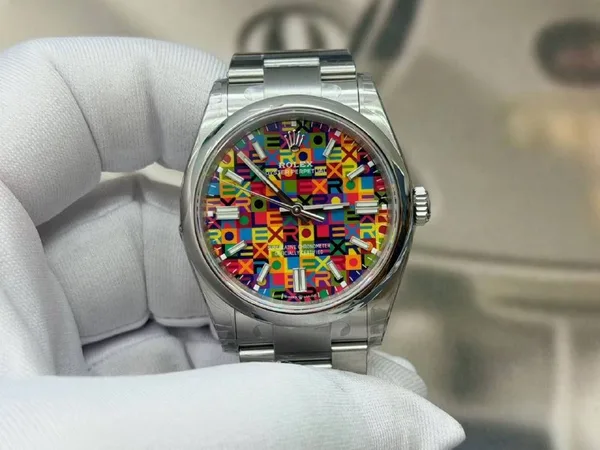 VSF Oyster Perpetual 36 126000, multicolour letter-mosaic dial, steel case and bracelet, front view