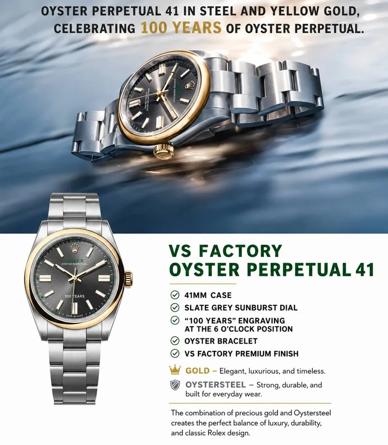 VSF Oyster Perpetual 41 134303 factory poster, slate dial, two-tone steel and yellow gold