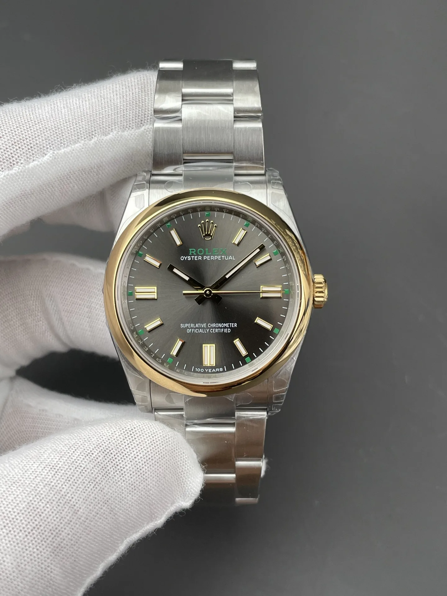 VSF Oyster Perpetual 100 Years, 36 mm version, slate dial with green minute markers, front view