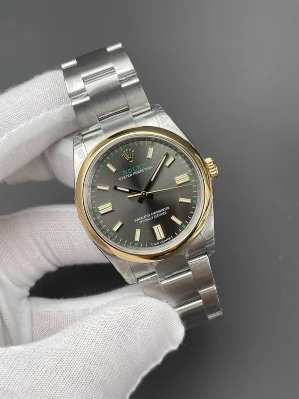 VSF Oyster Perpetual 100 Years, 36 mm version, slate dial, two-tone, dial, angled from the left