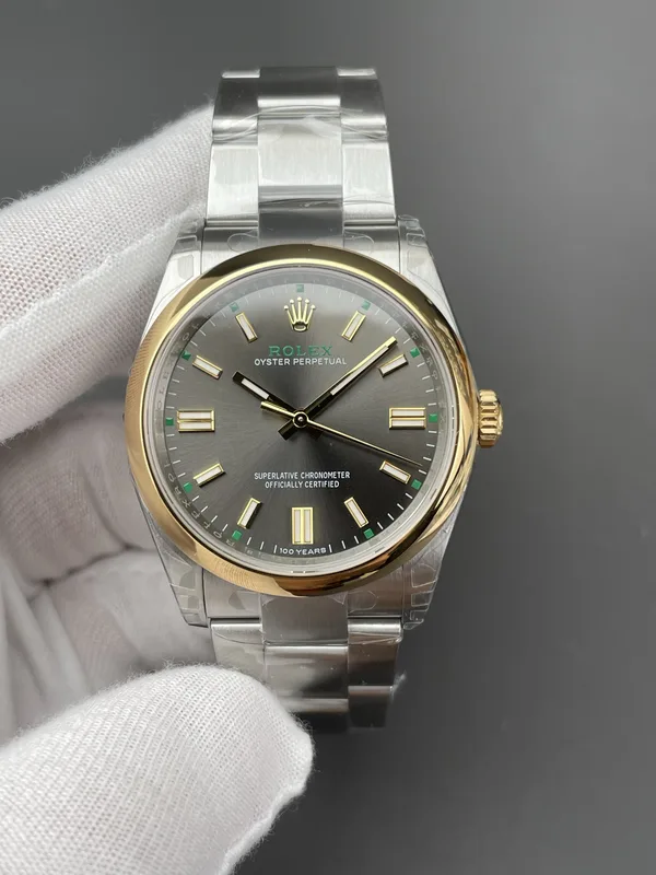 VSF Oyster Perpetual 100 Years, 36 mm version, slate dial, two-tone, dial, angled from the right