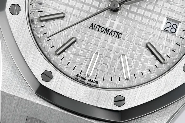 ZF Royal Oak 15300ST, silver-white dial, dial texture and date close-up