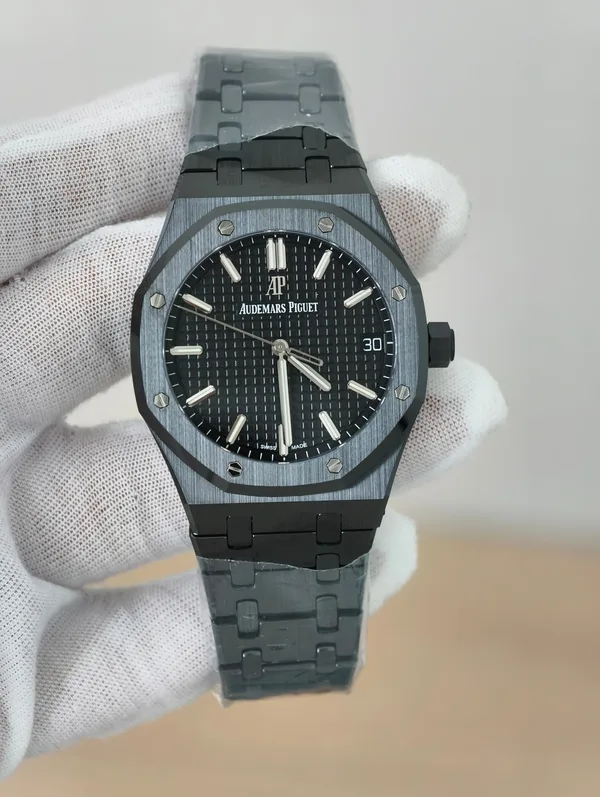 ZF Royal Oak 15500 Full Ceramic, black ceramic, black dial, dial, angled from the left