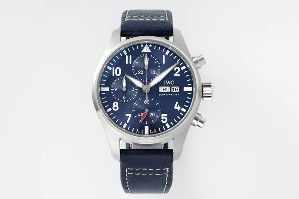 APSF Pilot's Chronograph 41, blue dial, blue leather strap, front view