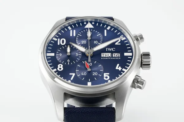APSF Pilot's Chronograph 41, blue dial, blue leather strap, dial, angled from the left