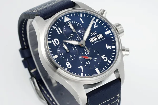 APSF Pilot's Chronograph 41, blue dial, blue leather strap, dial, angled from the right