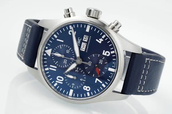 APSF Pilot's Chronograph 41, blue dial, blue leather strap, case and pushers, three-quarter view