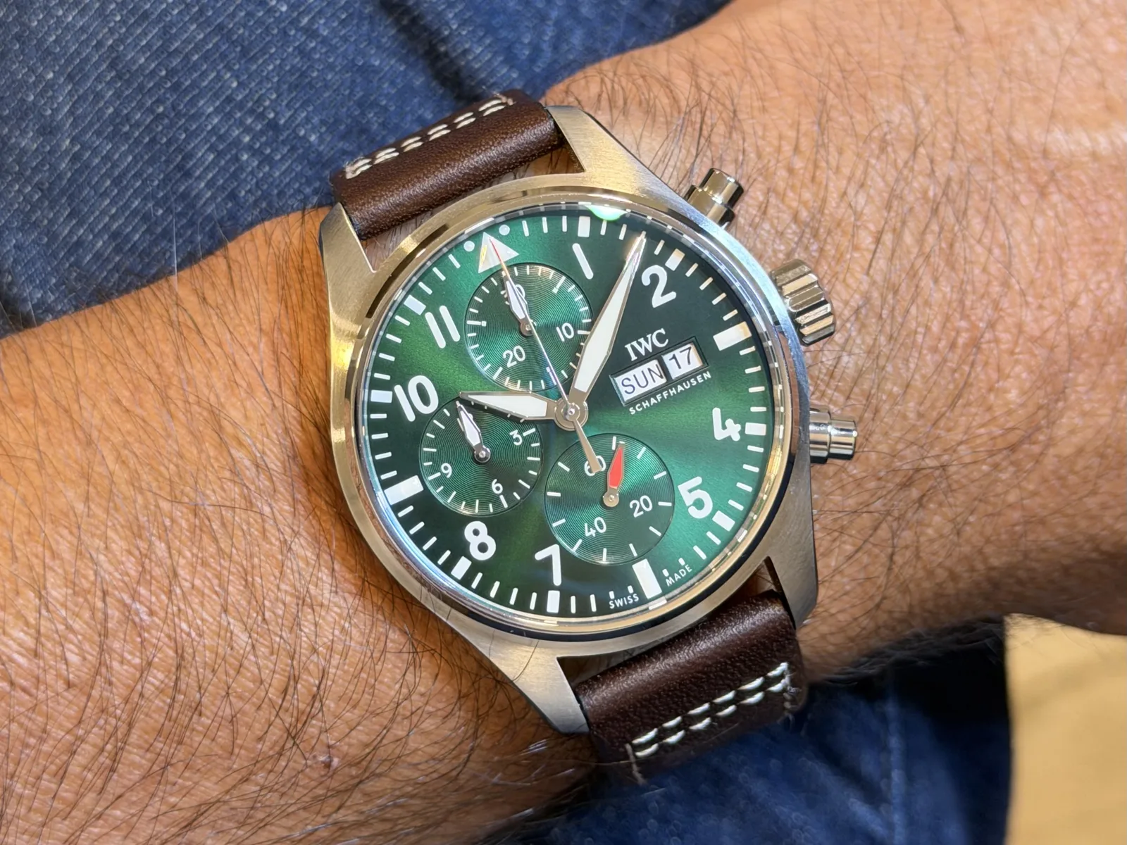 APSF Pilot's Chronograph 41 green dial on the wrist, brown leather strap