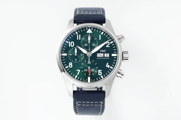 APSF Pilot's Chronograph 41, green dial, blue leather strap, front view
