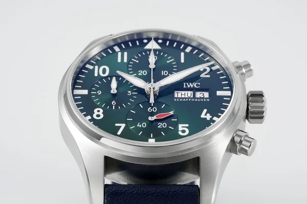 APSF Pilot's Chronograph 41, green dial, blue leather strap, dial, angled from the left