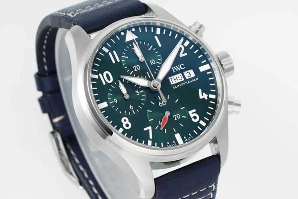 APSF Pilot's Chronograph 41, green dial, blue leather strap, dial, angled from the right