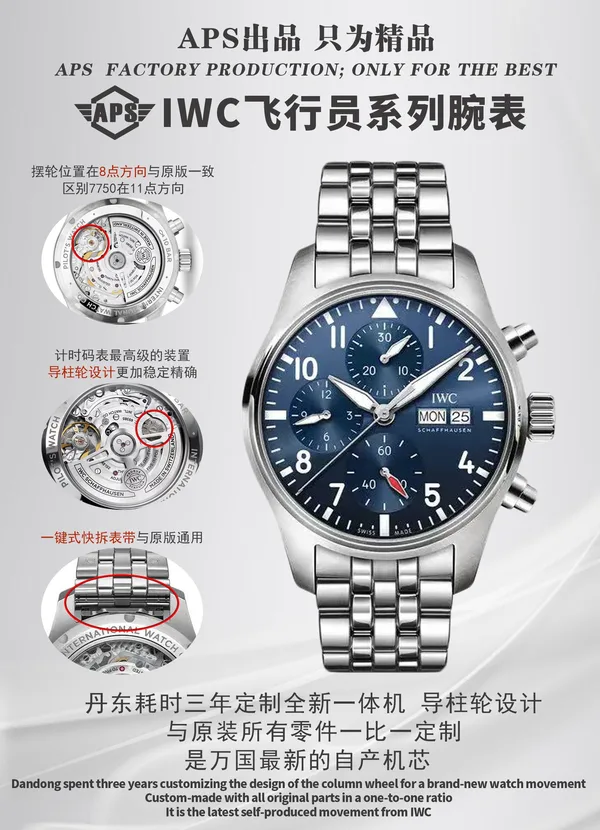 APSF Pilot's Chronograph 41 factory poster, blue dial on steel bracelet, with movement and strap details