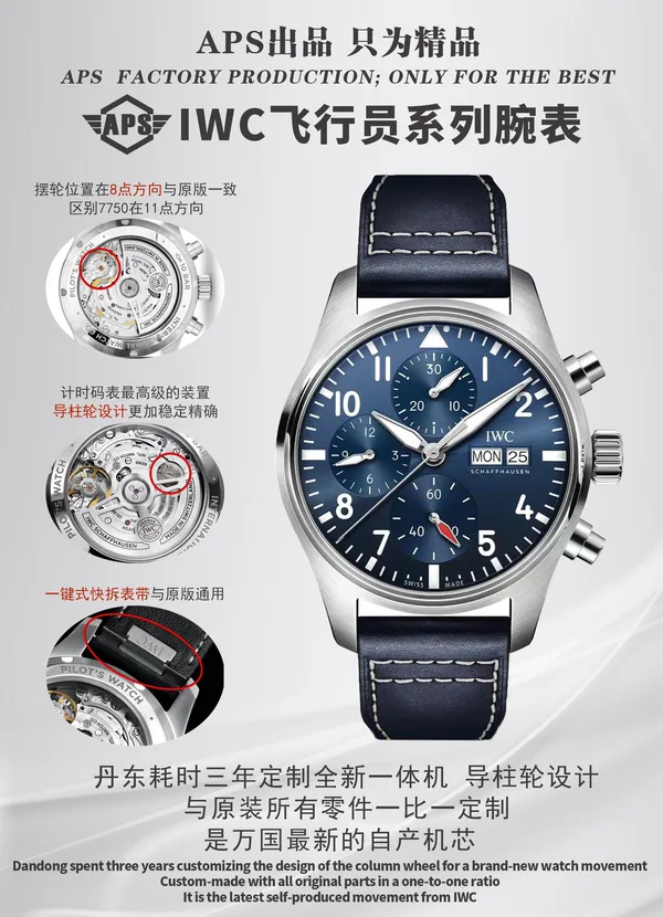 APSF Pilot's Chronograph 41 factory poster, blue dial on blue leather strap, with movement and strap details