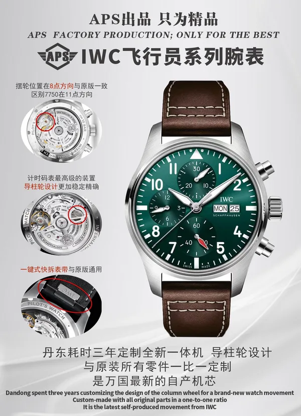 APSF Pilot's Chronograph 41 factory poster, green dial on brown leather strap, with movement and strap details