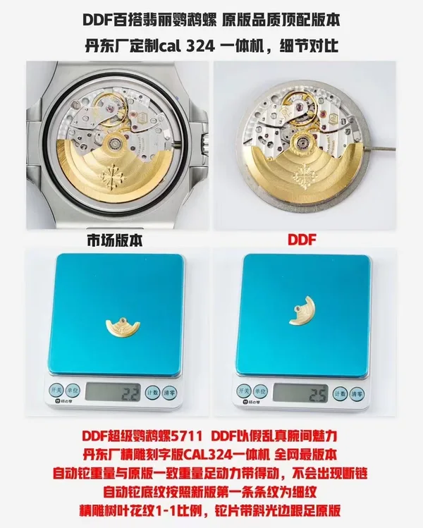 DDF Nautilus 5711/1A, factory comparison poster, movement and rotor weight