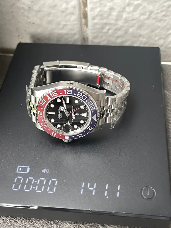 Rich Factory GMT-Master II 126710BLRO Pepsi, jubilee-style bracelet, on a scale