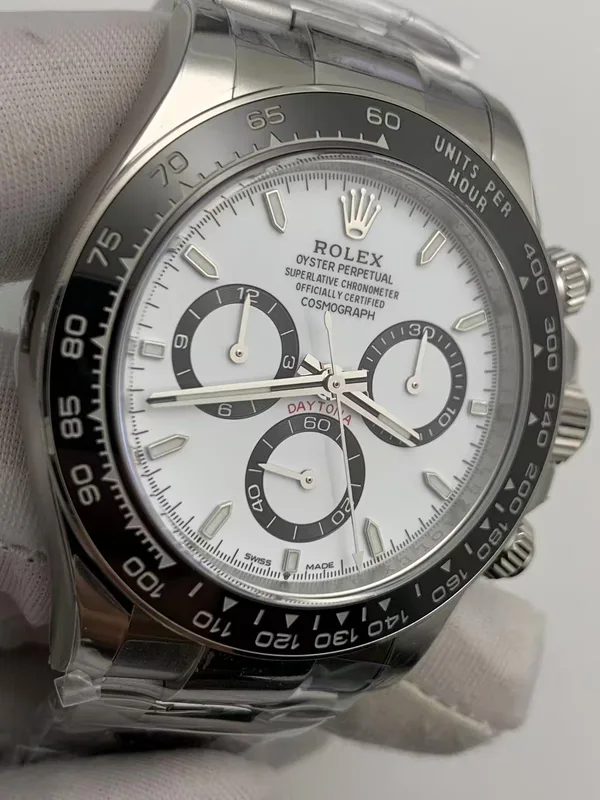 RW Factory Daytona 126500LN Panda, white dial, dial and pushers, angled