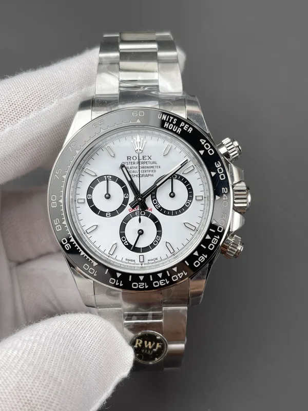 RW Factory Daytona 126500LN Panda, white dial, black ceramic bezel, front view