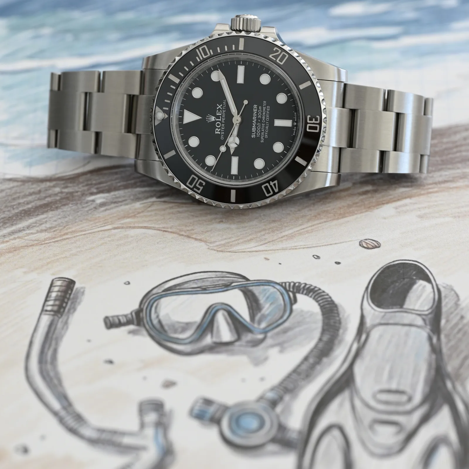 VSF Submariner No Date 124060 lying on a sketch of a snorkel, mask and fins